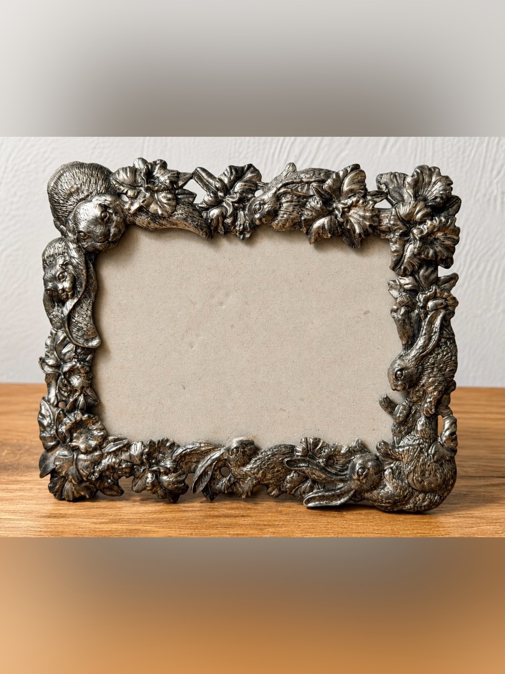 Vintage Ornate Silver Rabbit & Floral Decorative Picture Frame - Home Accents